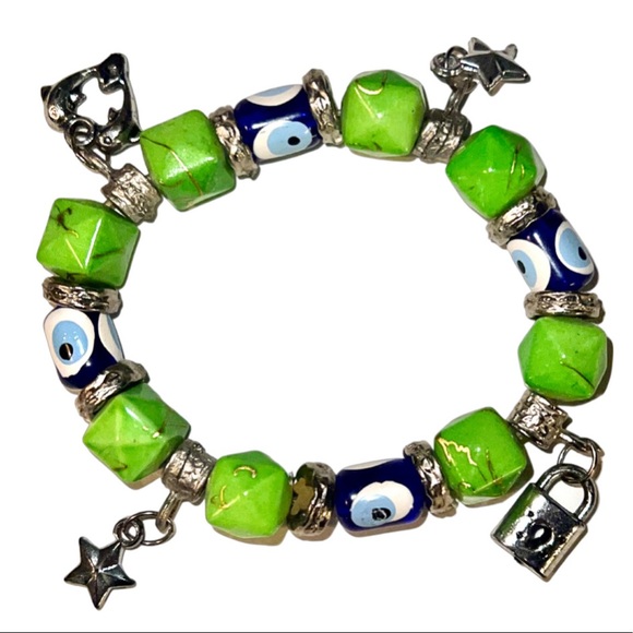 VTG Jasper, Silver Sea Glass Evil Eye Beaded Bracelet - Picture 1 of 13